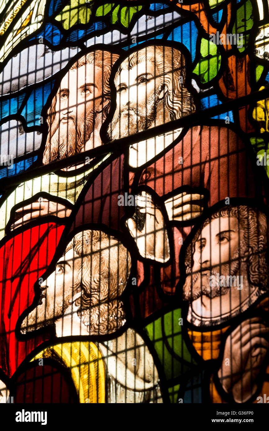 Stained glass in St. Lawrence`s Church, Towcester, Northamptonshire, England, UK Stock Photo